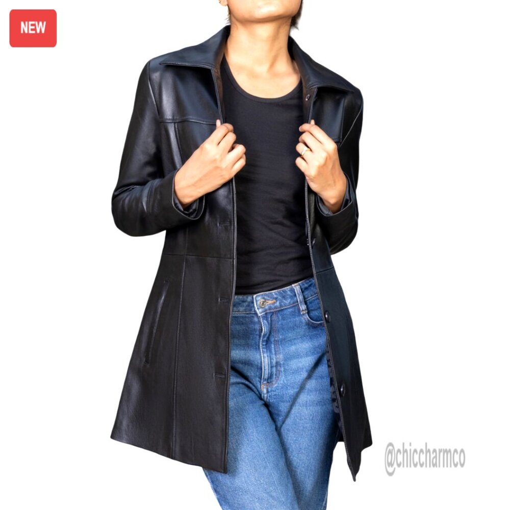 Genuine Leather 3/4 Length Coat Women's Blazer Style Jacket With Pockets